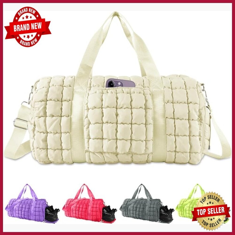 Large Quilted Puffer Duffle Bag with Multiple Compartments Travel Gym Weekender